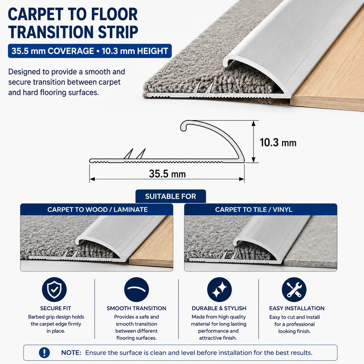 35.5mm Aluminium Single Edge Carpet Trim – 1m Diagram