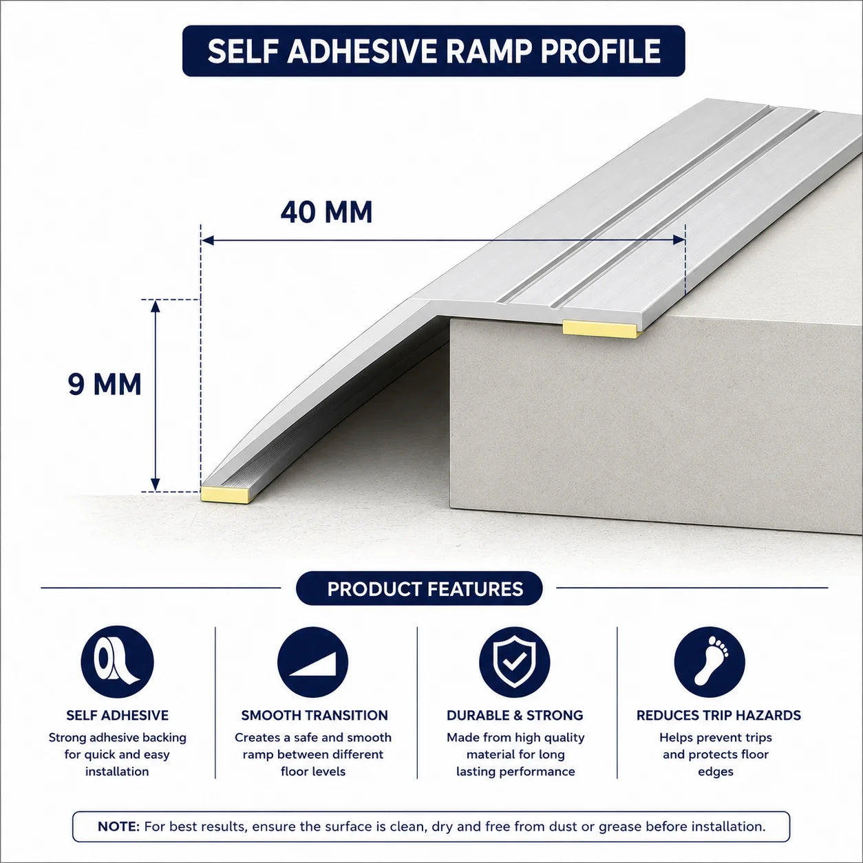 Aluminium Ramp Door Threshold Strip 900 MM Length Self-Adhesive Anodised Door Floor Bar Edge Trim IP11/S Diagram