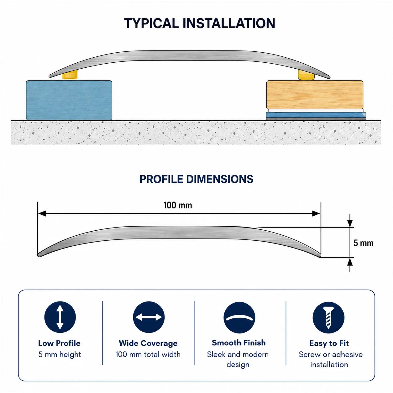 Self Adhesive Aluminium Door Threshold Strip 100 MM x 930 MM Length - DT100K Diagram