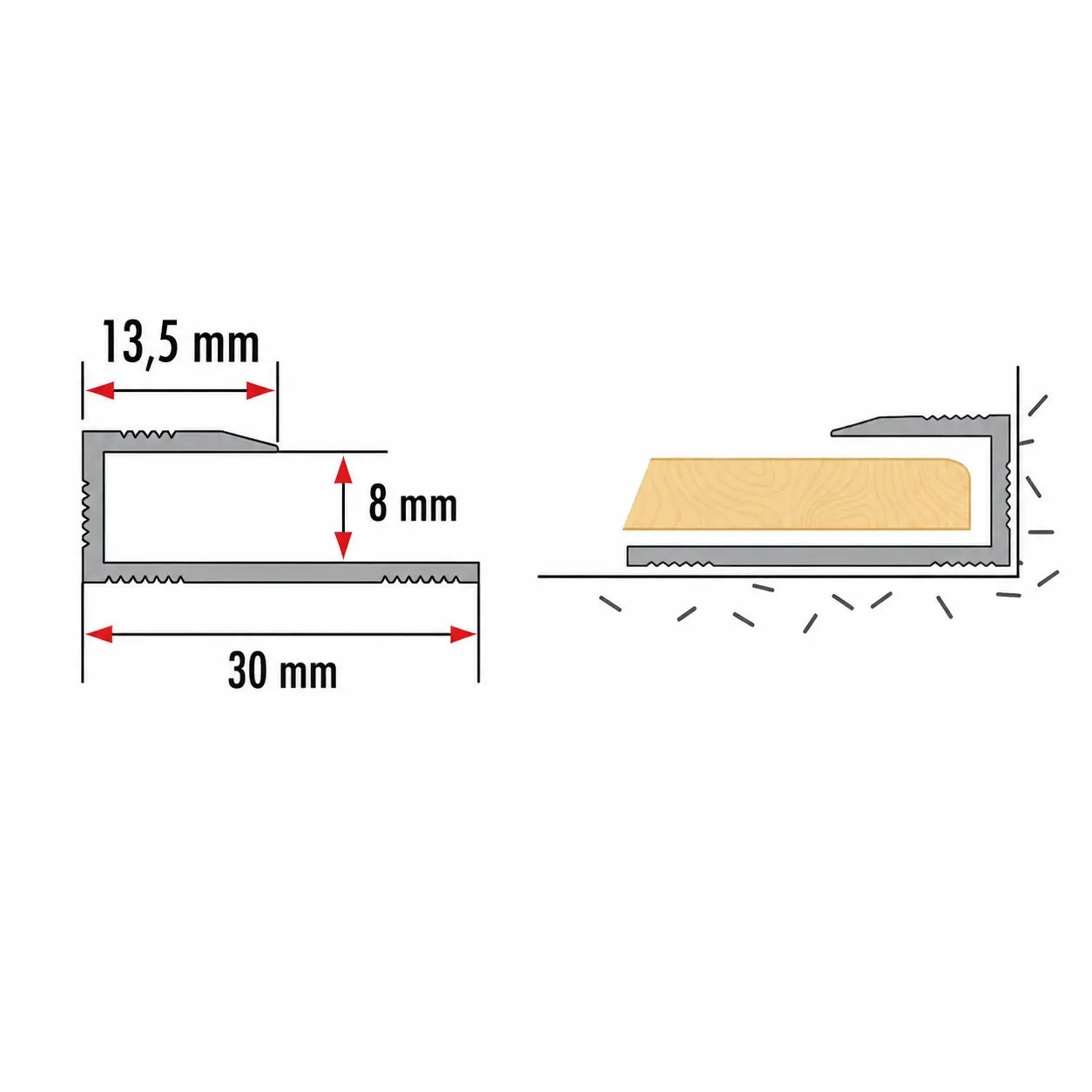 8mm Anodised Aluminium Stop Edge Trim 1m  Diagram
