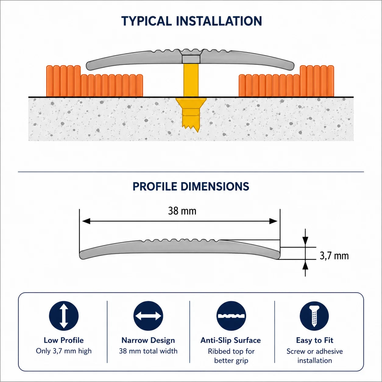 Aluminium Door Threshold Strip 38 MM x 1 M & 2 M Length Carpet to Lamnate Anodised Screw-Fix Silver & Gold - LPOR Diagram