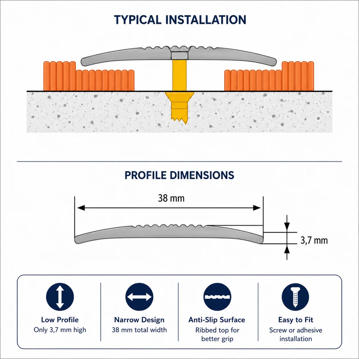 Aluminium Door Threshold Strip 38 MM x 1 M & 2 M Length Carpet to Lamnate Anodised Screw-Fix Silver & Gold - LPOR Diagram
