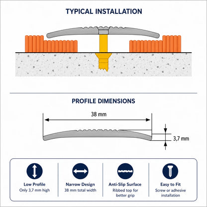Aluminium Door Threshold Strip 38 MM x 1 M & 2 M Length Carpet to Lamnate Anodised Screw-Fix Silver & Gold - LPOR Diagram