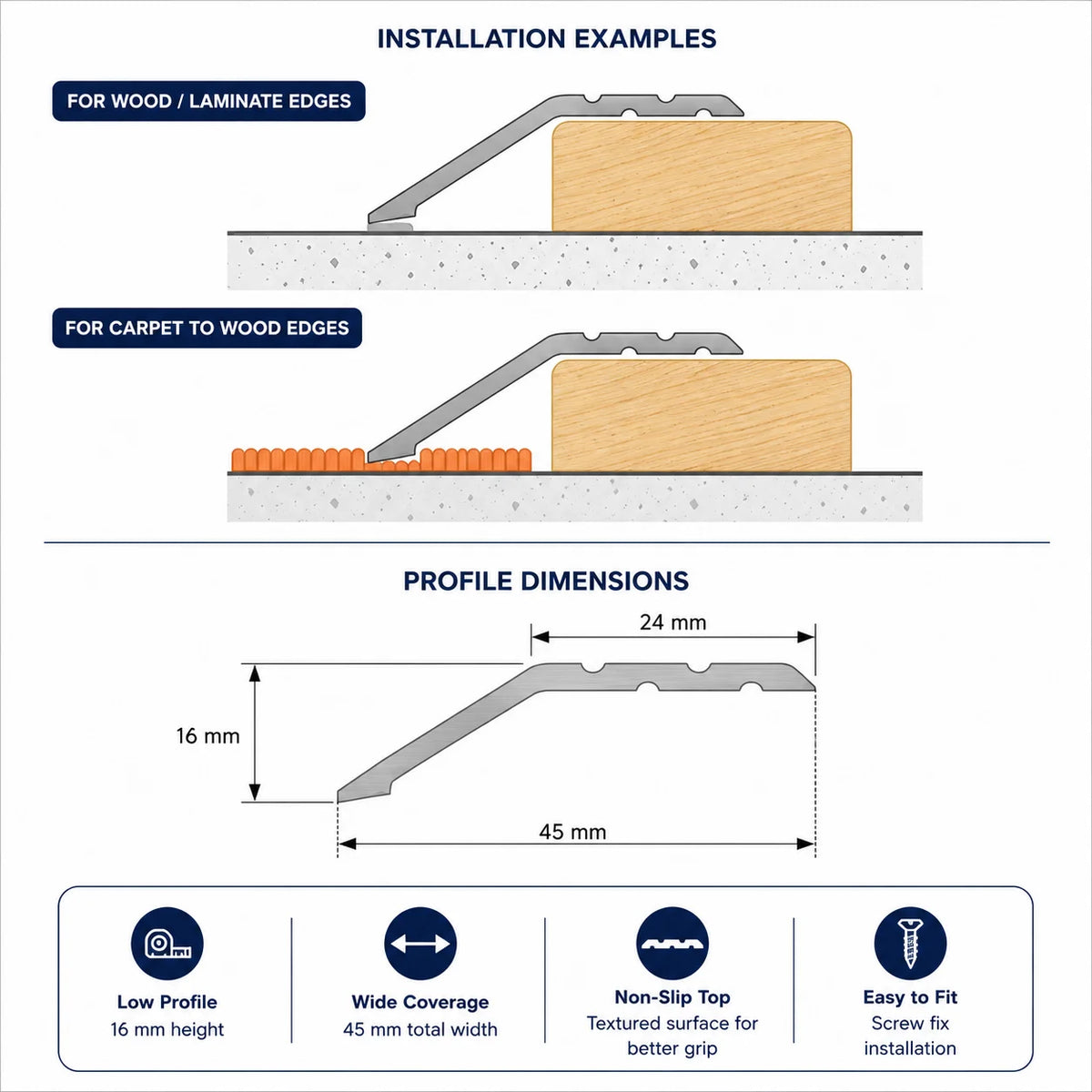 Aluminium Door Threshold Ramp Strip 45 MM x 1 M & 2 M Length Anodised LPS16 Diagram 